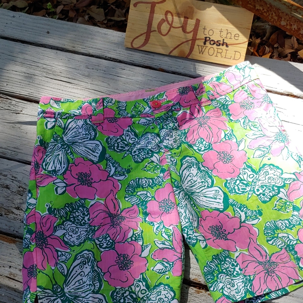 Lilly Pulitzer pink, white and lime floral Bermuda style shorts, Sz 8, EUC